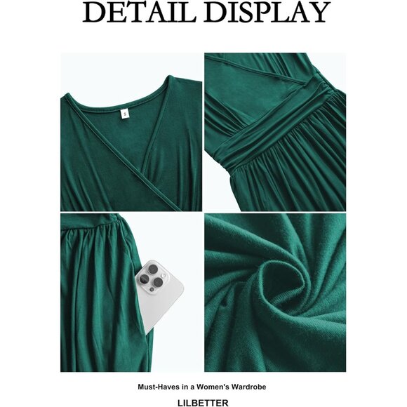 Women Dark Green Deep V Neck Sleeveless Loose Plain Long Maxi Stretchy Dress - Picture 3 of 6